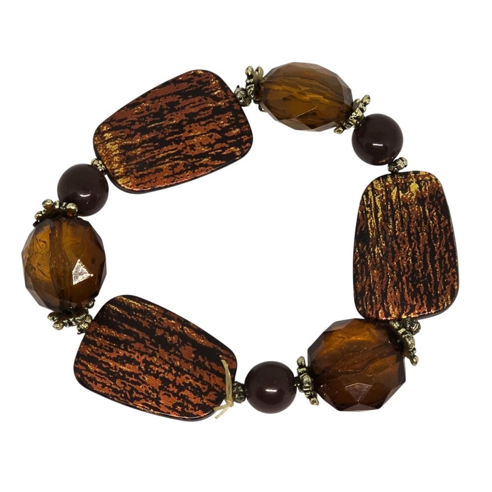 Stretch Bracelet With Amber Resin Beads‎ & Brown Textured Rectangular Accents